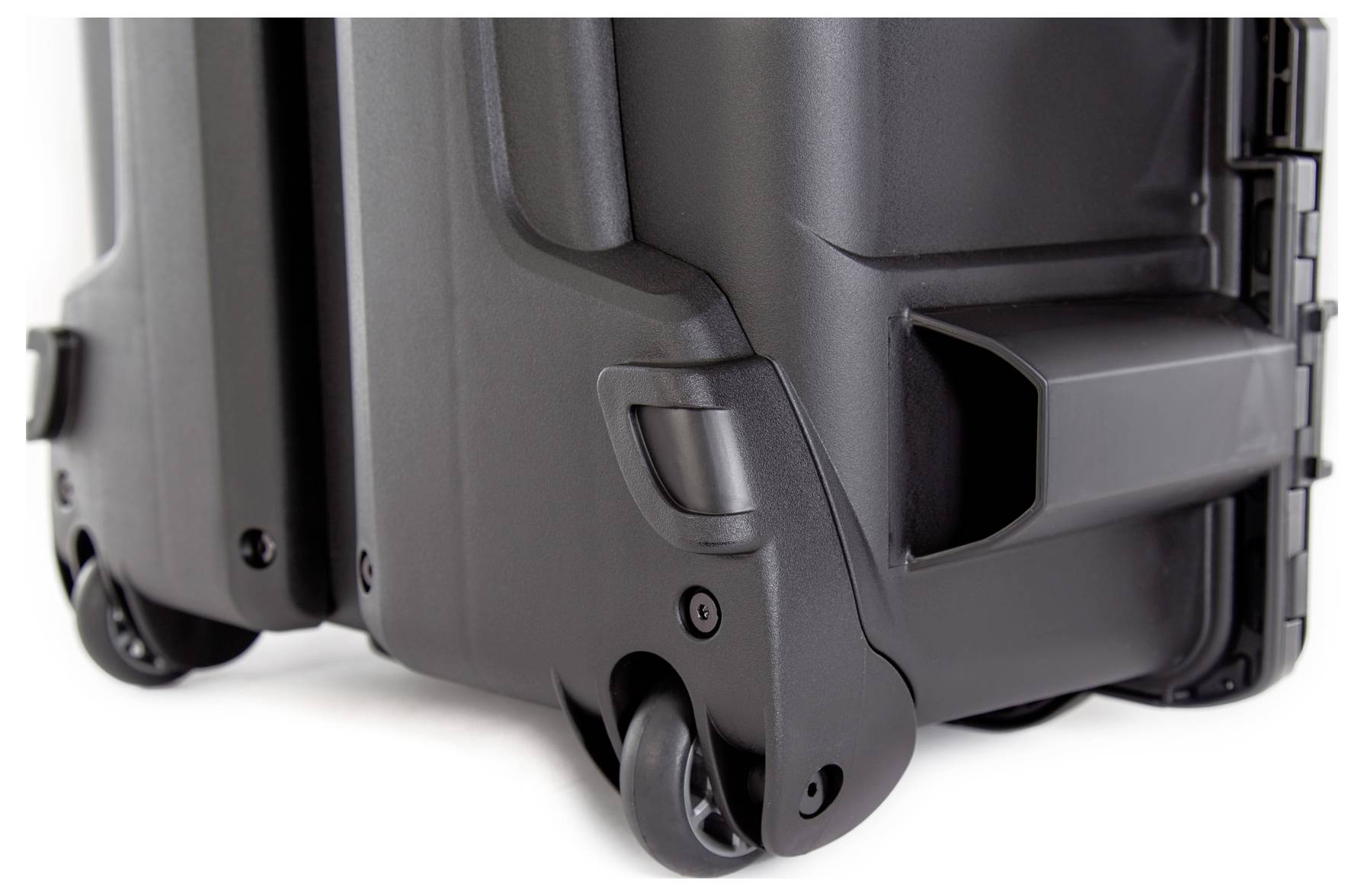 Black hard-shell suitcase with wheels and handle; detailed view of the underside shows sturdy wheels for easy transportation.