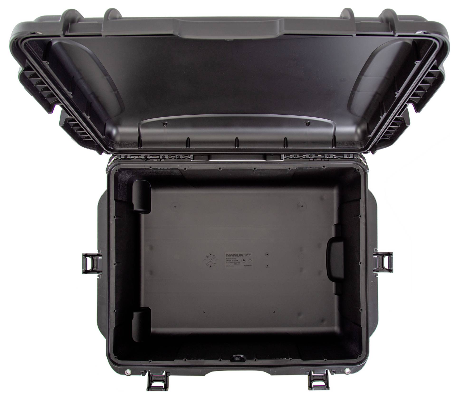 Open, empty black protective case with robust design and multiple locks, suitable for safely transporting delicate items.