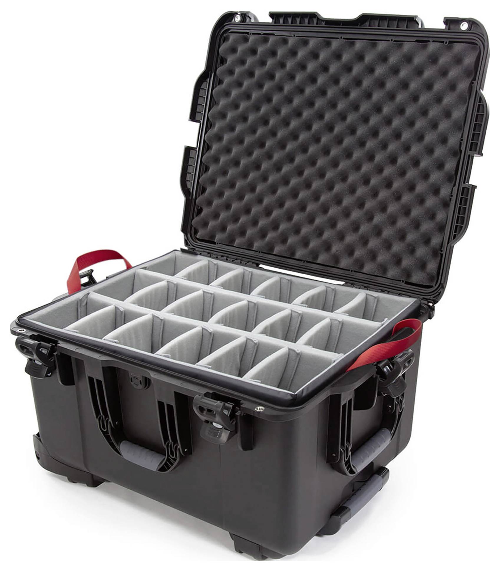 Black, open hard-shell case with red-padded handles, displaying 18 individually customisable compartments for equipment.