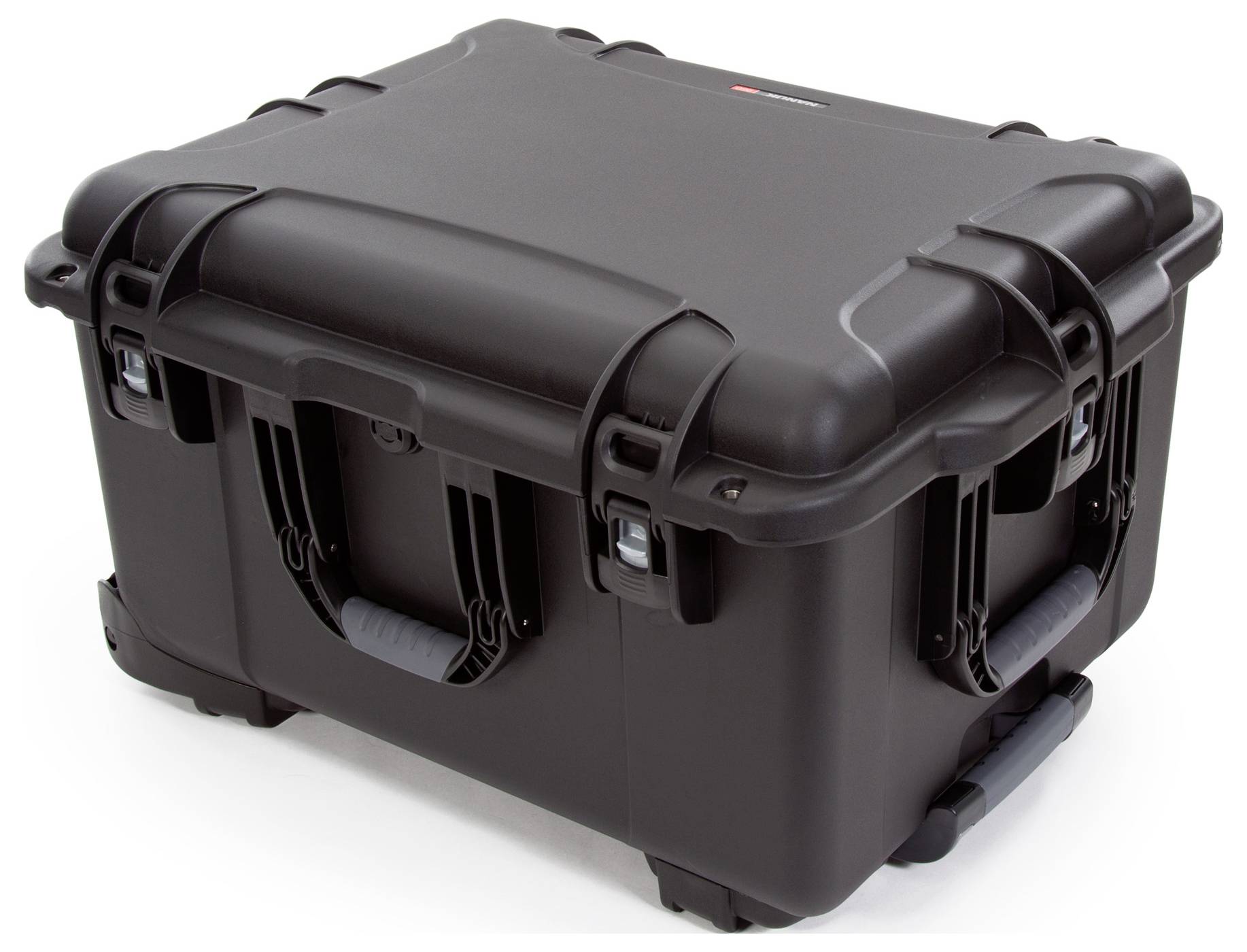 Black, robust protective case with side handles; suitable for safely transporting delicate equipment.