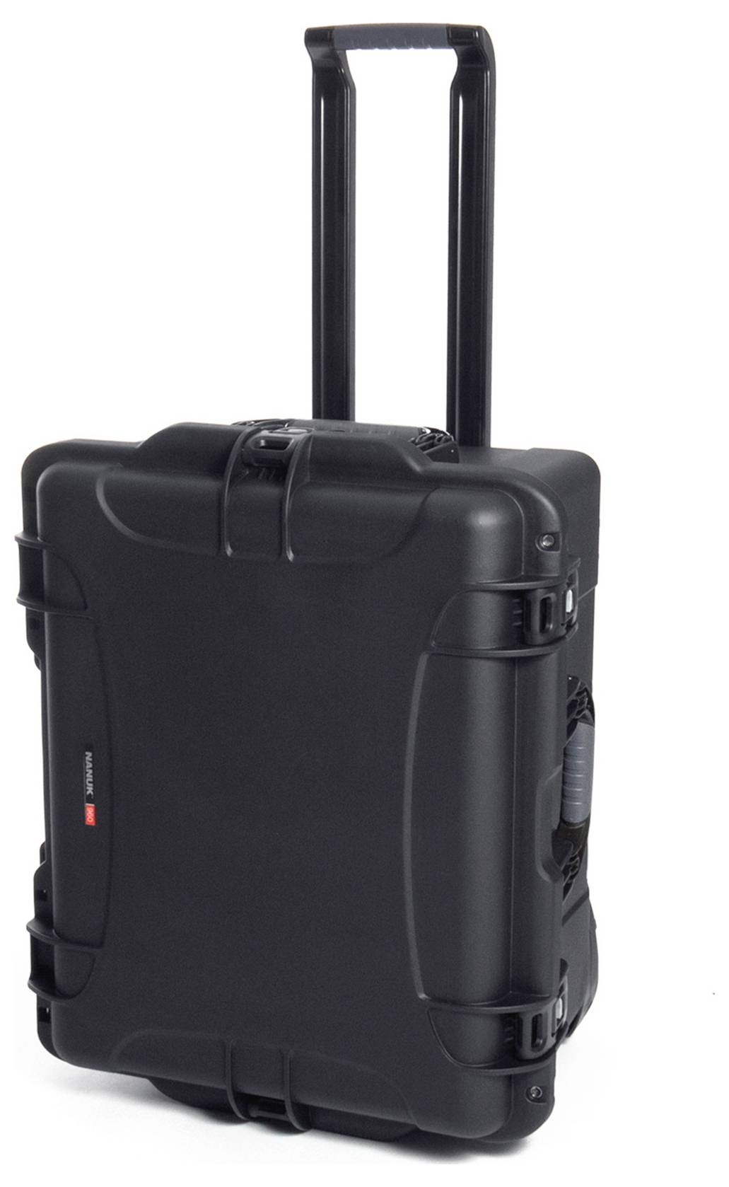 A black, robust wheeled suitcase with telescopic handle and side carry handle, suitable for securely transporting delicate items.