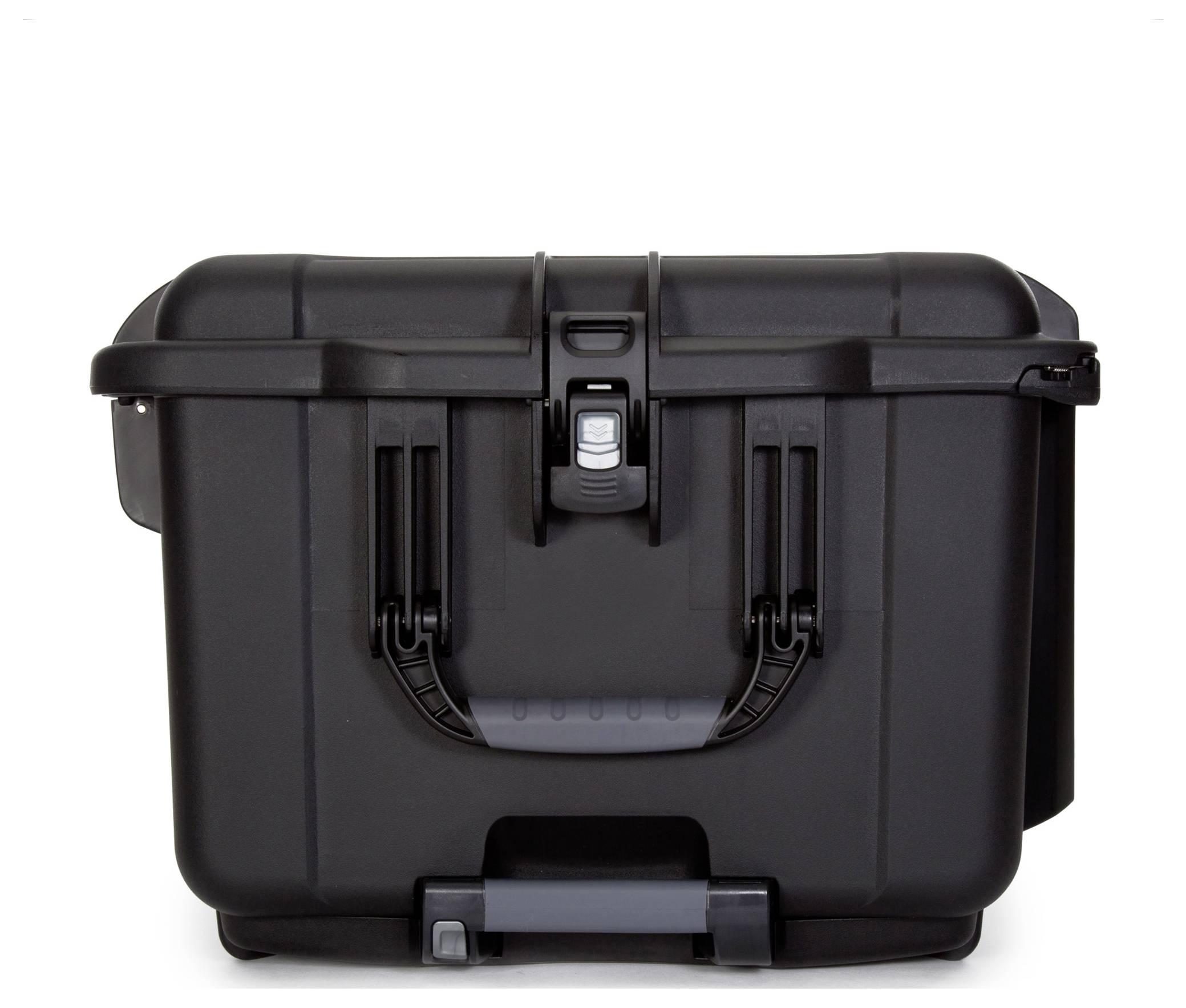 Black, robust protective case with carry handle and front closure, suitable for transport and secure storage.