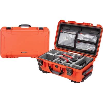 An orange, sturdy protective case with foam inserts, opened and closed. The case features compartments for camera equipment.