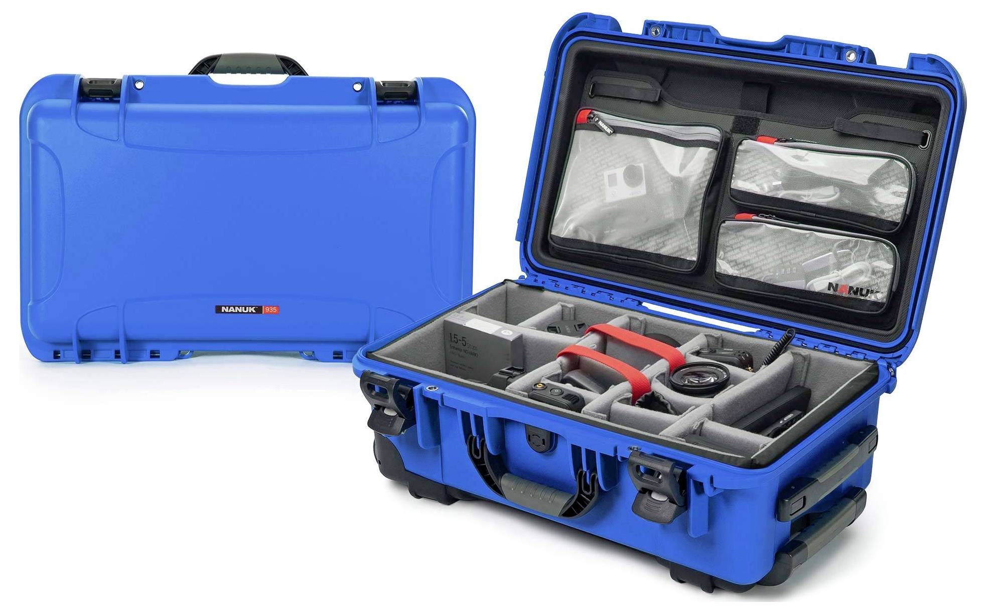 Blue hard-shell suitcase with internal compartments; ideal for secure storage or transportation of camera equipment and accessories.
