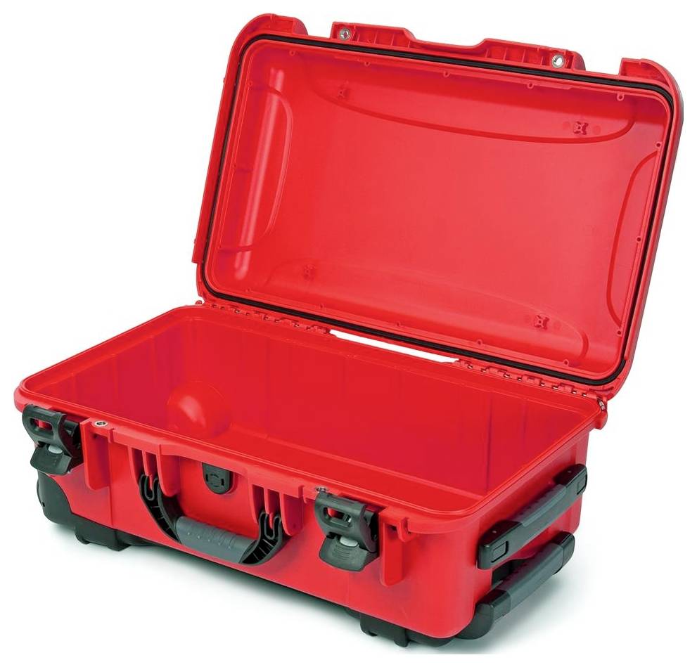 Red, open hard-case suitcase with robust locks and handle, suitable for secure transportation and protection of delicate items.