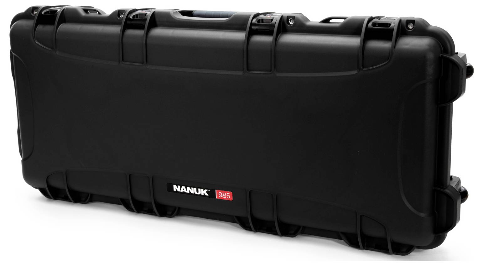 Black, rectangular protective case with robust design and latches. 'Nanuk 985' printed on the front side.