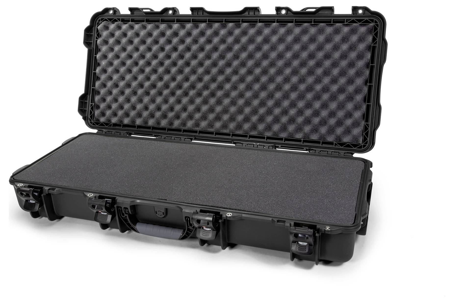 Black, open protective case with foam padding inside. The case provides space for sensitive equipment.