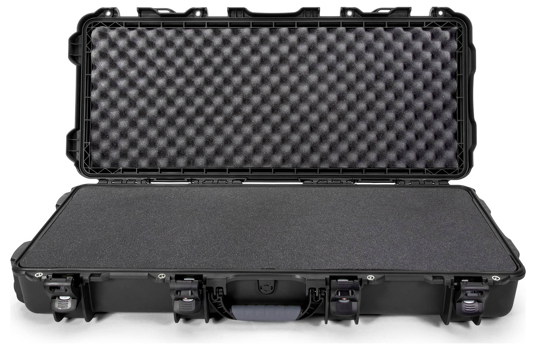 A black, open protective case with foam padding on the interior. Suitable for the secure transportation of delicate items.