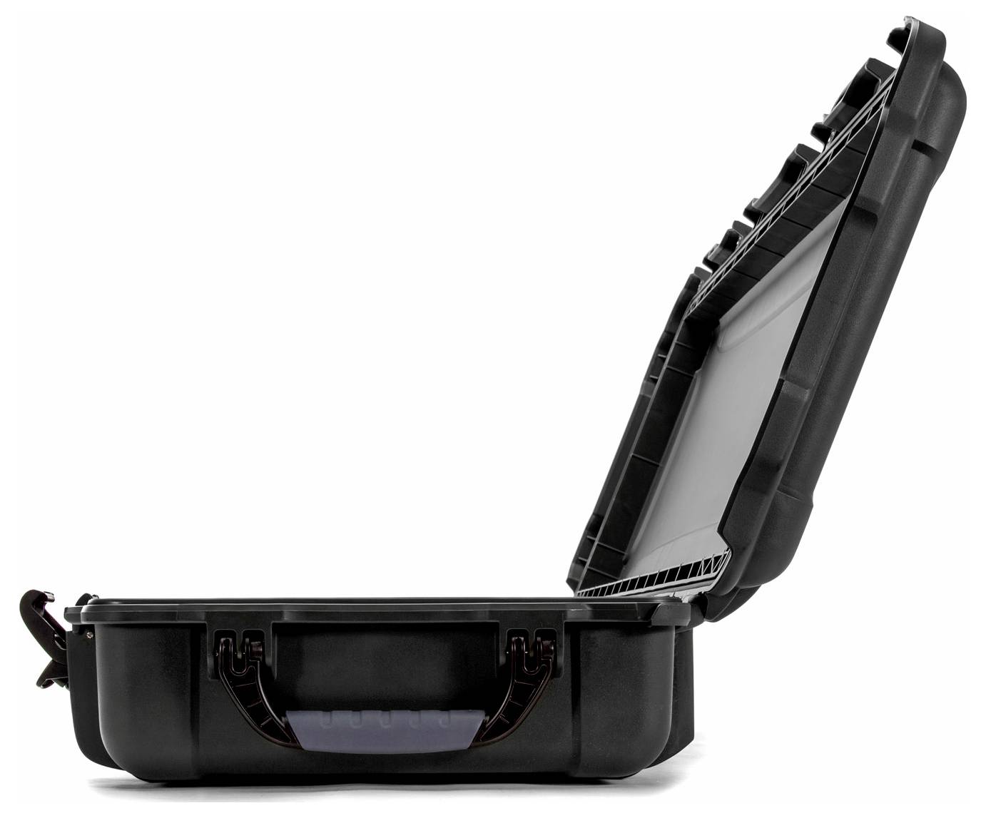 A black hard-shell suitcase with an open lid, positioned on its side. Ideal for securely transporting delicate items.