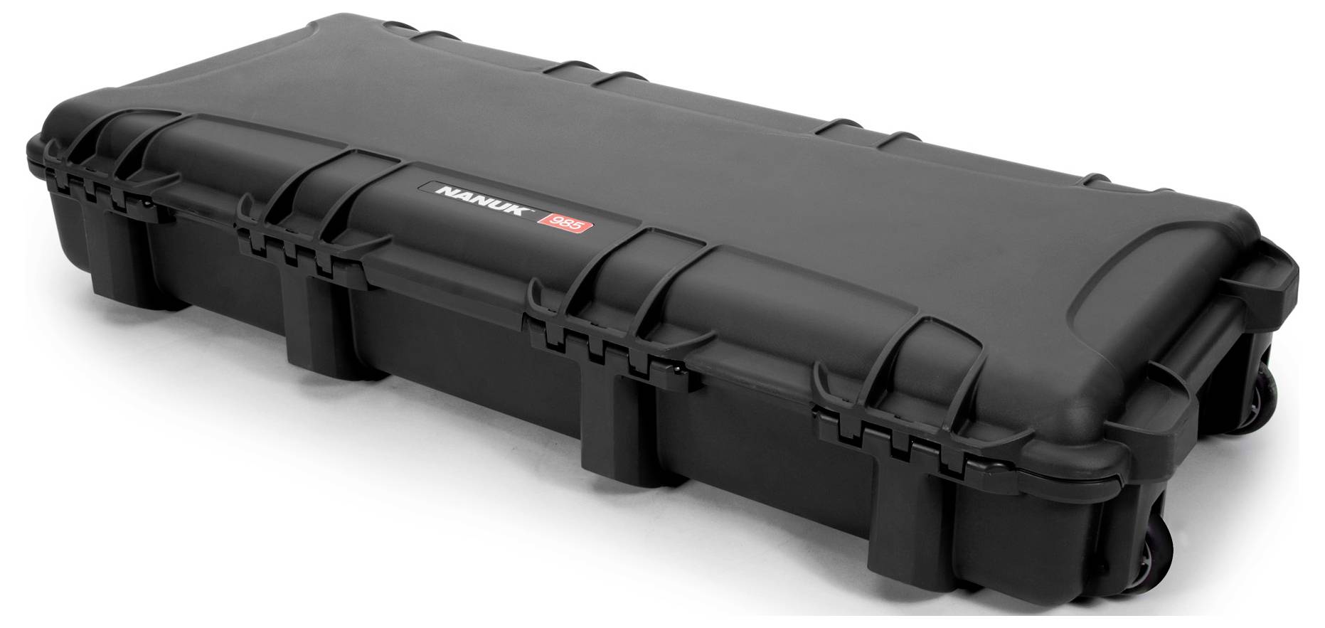 Black, rectangular hard-shell suitcase with reinforced edges and two integrated wheels; suitable for secure transportation.