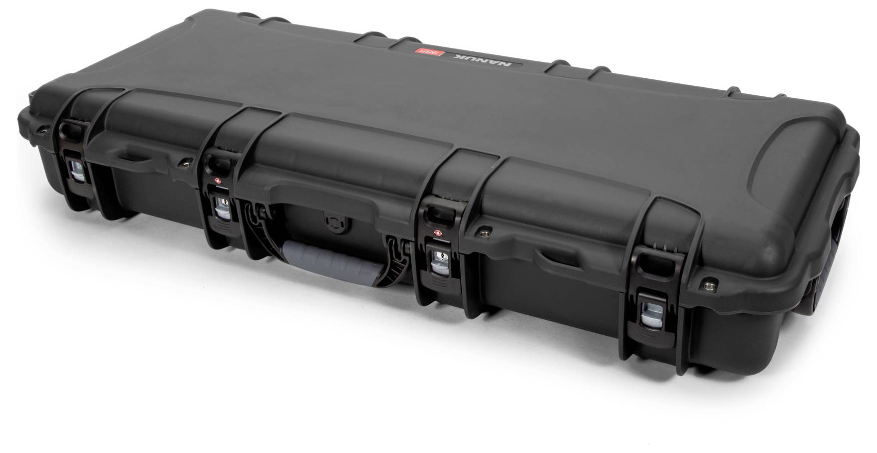 Black, robust protective case with carrying handle, security latches, and sturdy construction, suitable for securely storing equipment.