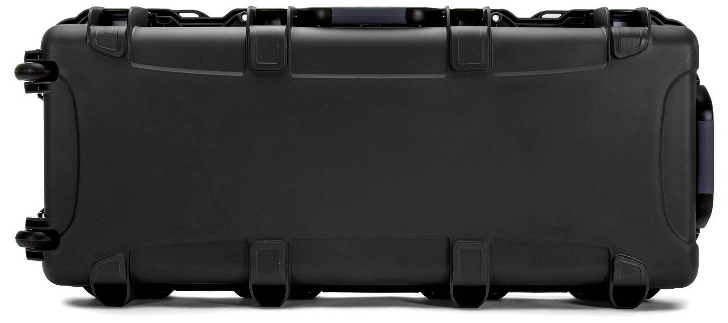 A large, robust black suitcase with wheels and handles, suitable for the secure transportation of delicate equipment.