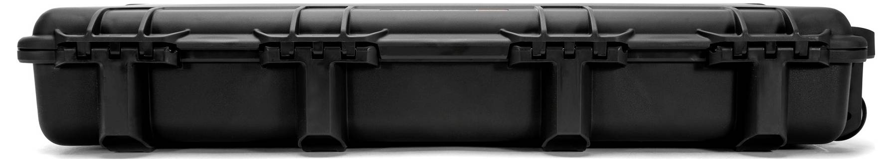 Black, robust protective case with multiple locks, suitable for secure transportation of sensitive equipment.