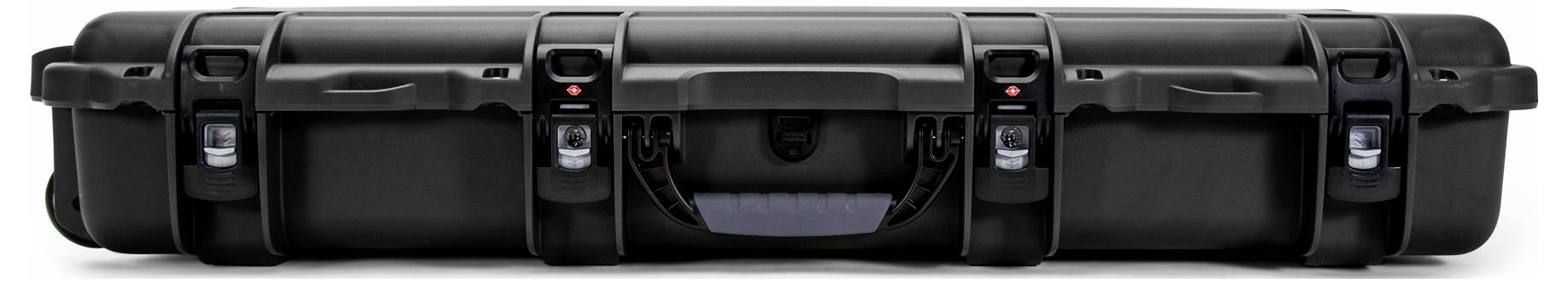 Black, robust hard-shell suitcase with multiple locks and carry handle, suitable for the secure transportation of delicate items.