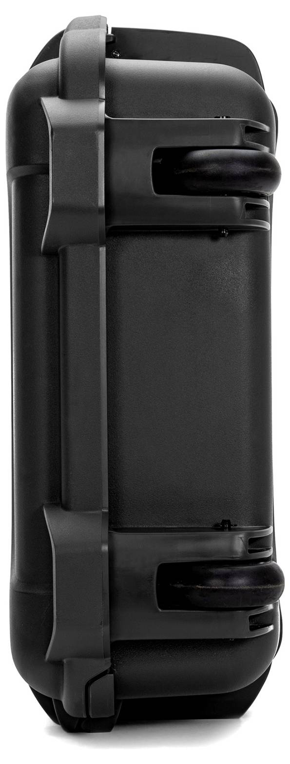 Hard-shell suitcase with wheels, vertical side view.