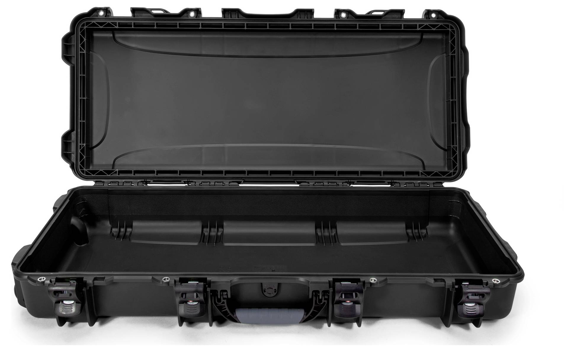 Black, open hard-shell case with robust locks, suitable for the secure transportation of delicate equipment.