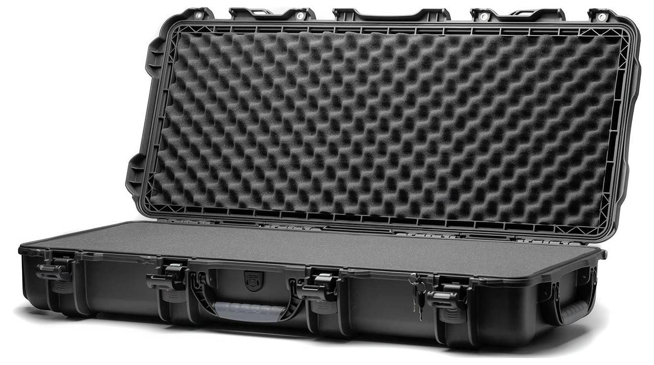 Opened black hard-shell case with foam padding inside, suitable for protecting delicate items during transportation.