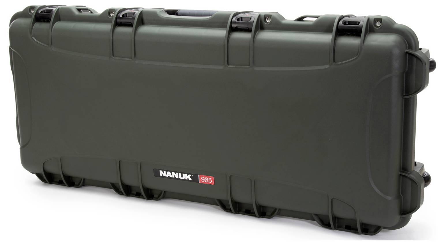 A large, robust, dark green Nanuk transport case, model 985, with handles and latches, suitable for secure storage.