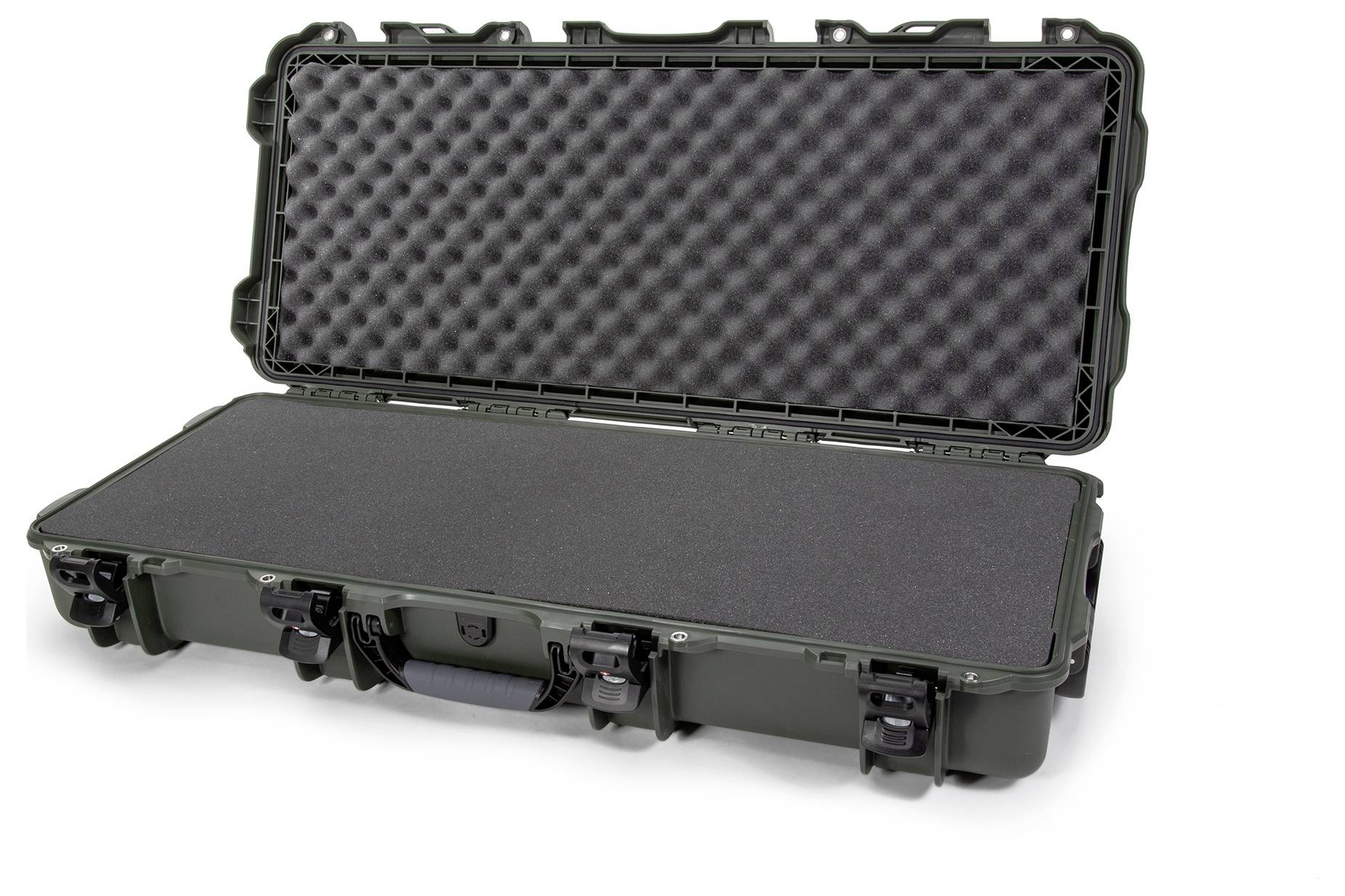 Black, open protective case with foam lining, suitable for the safe transportation of delicate items.