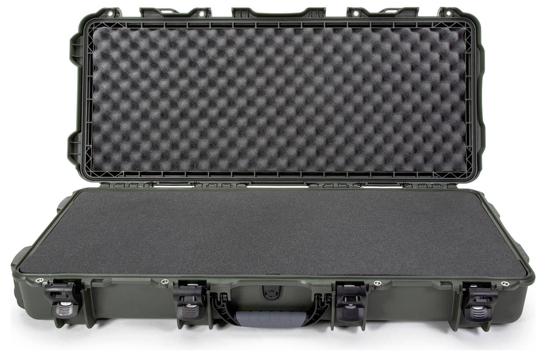 Open green hard-shell case with foam padding inside. Suitable for the secure transportation of delicate items.