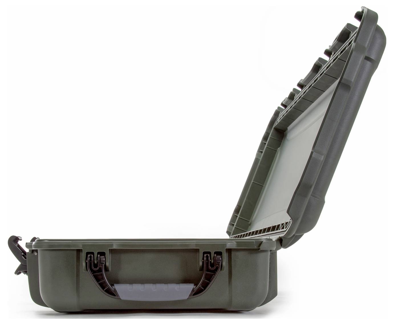 'Empty, opened, robust black suitcase with carry handle, photographed from the side.'
