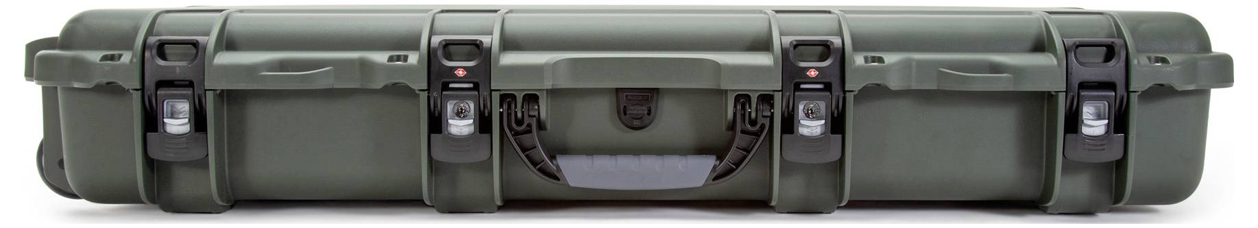 Long, dark green protective case with robust locks and handle. Suitable for the secure transportation of delicate items.