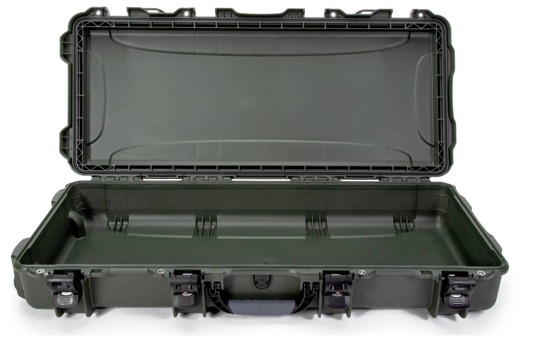 A large, open, dark plastic case with reinforced corners and multiple robust locks, suitable for secure transportation.
