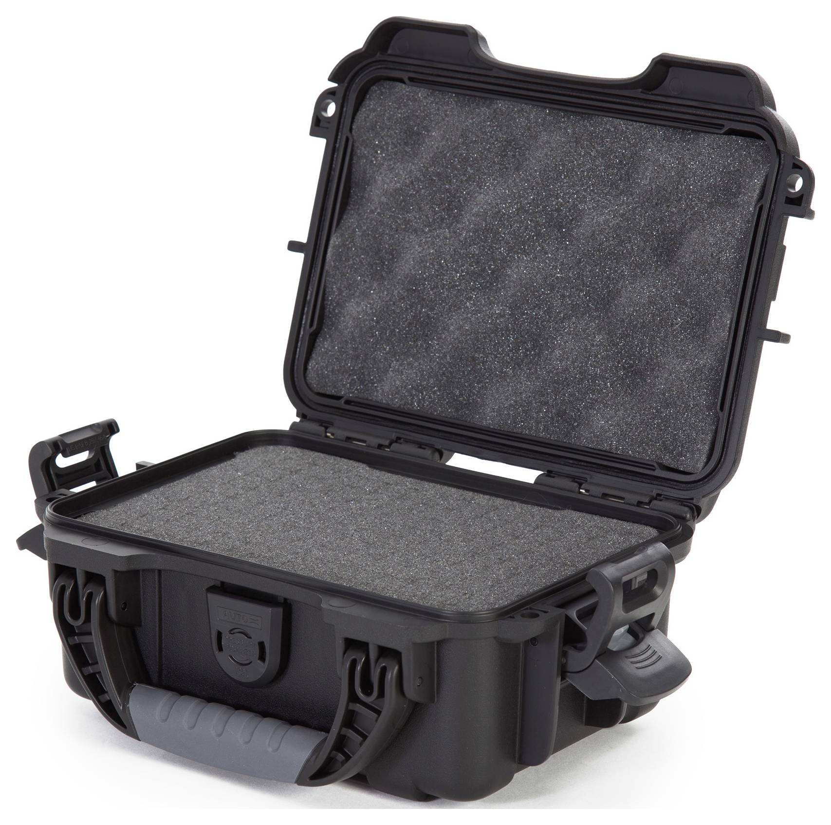Black, open hard-shell case with foam lining, suitable for protecting delicate equipment.