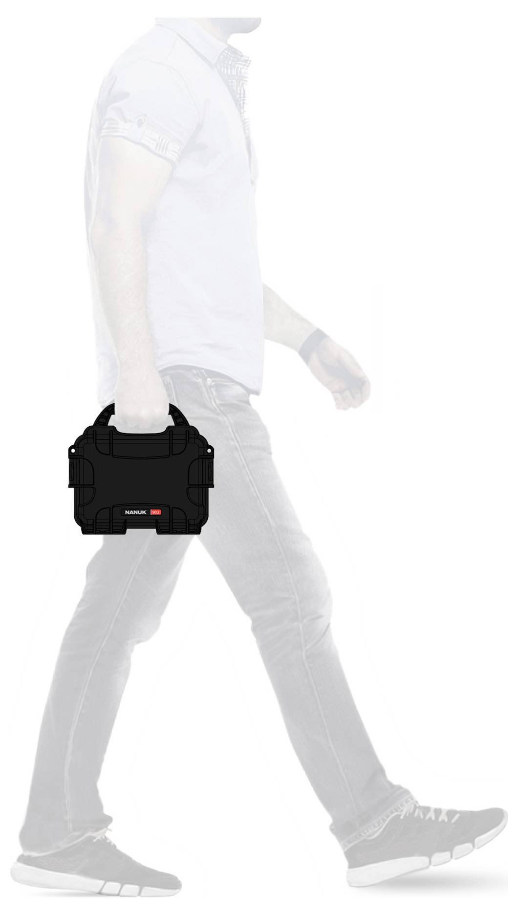 A person walks to the right, carrying a black toolbox in their left hand. The rest of the person is depicted in a faded manner.
