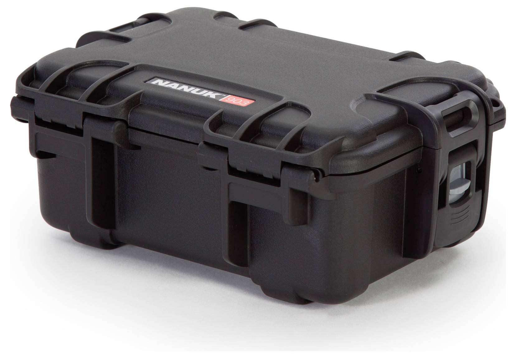 Black, robust suitcase with reinforced corners and handle. Suitable for secure storage and transportation of delicate items.