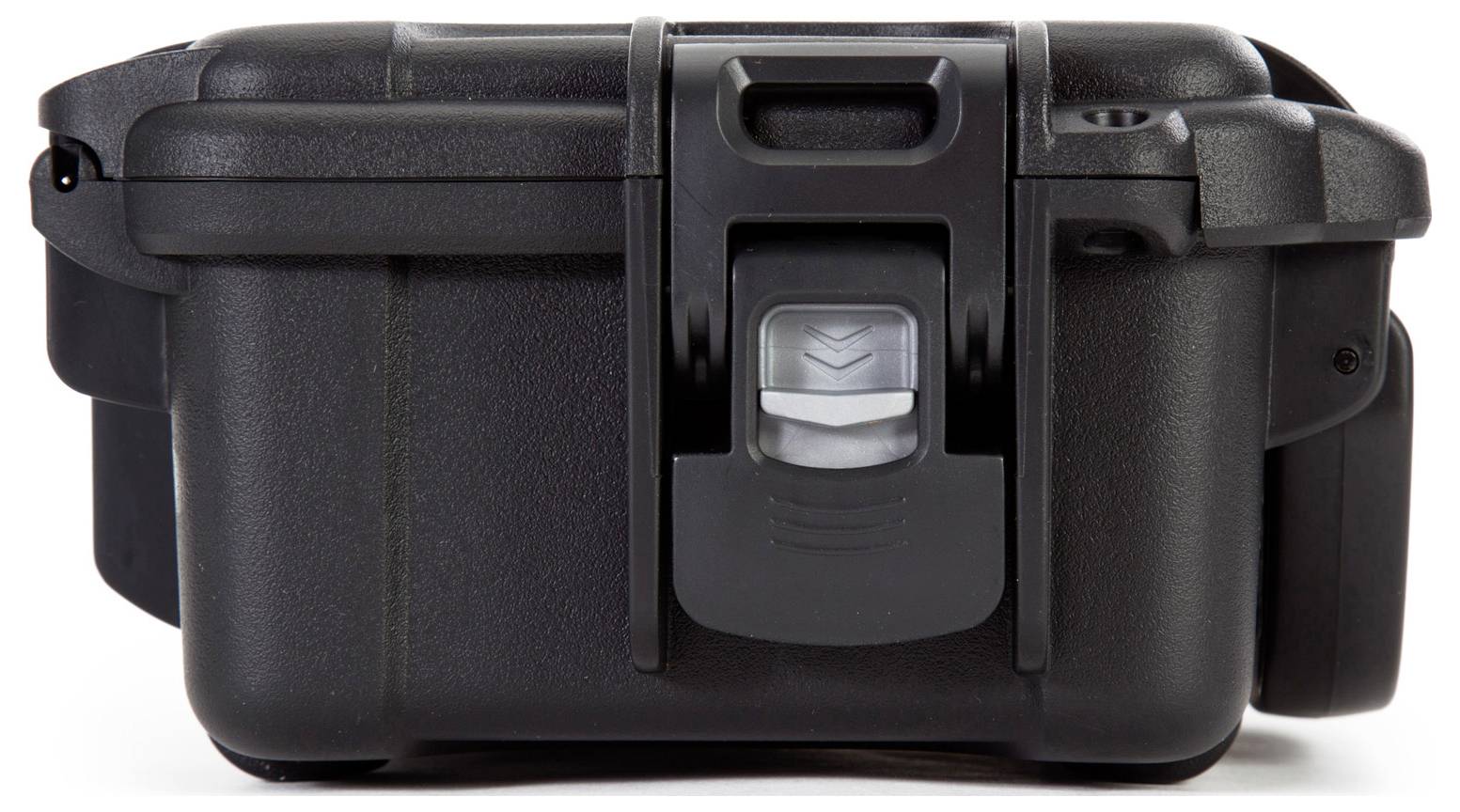 Black hard-shell suitcase with robust fastening, suitable for the secure transportation of delicate items.