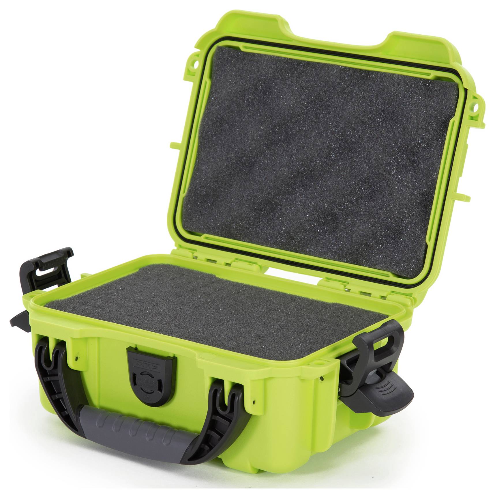 An open, green, sturdy suitcase with black foam padding inside. The suitcase has a black carry handle.