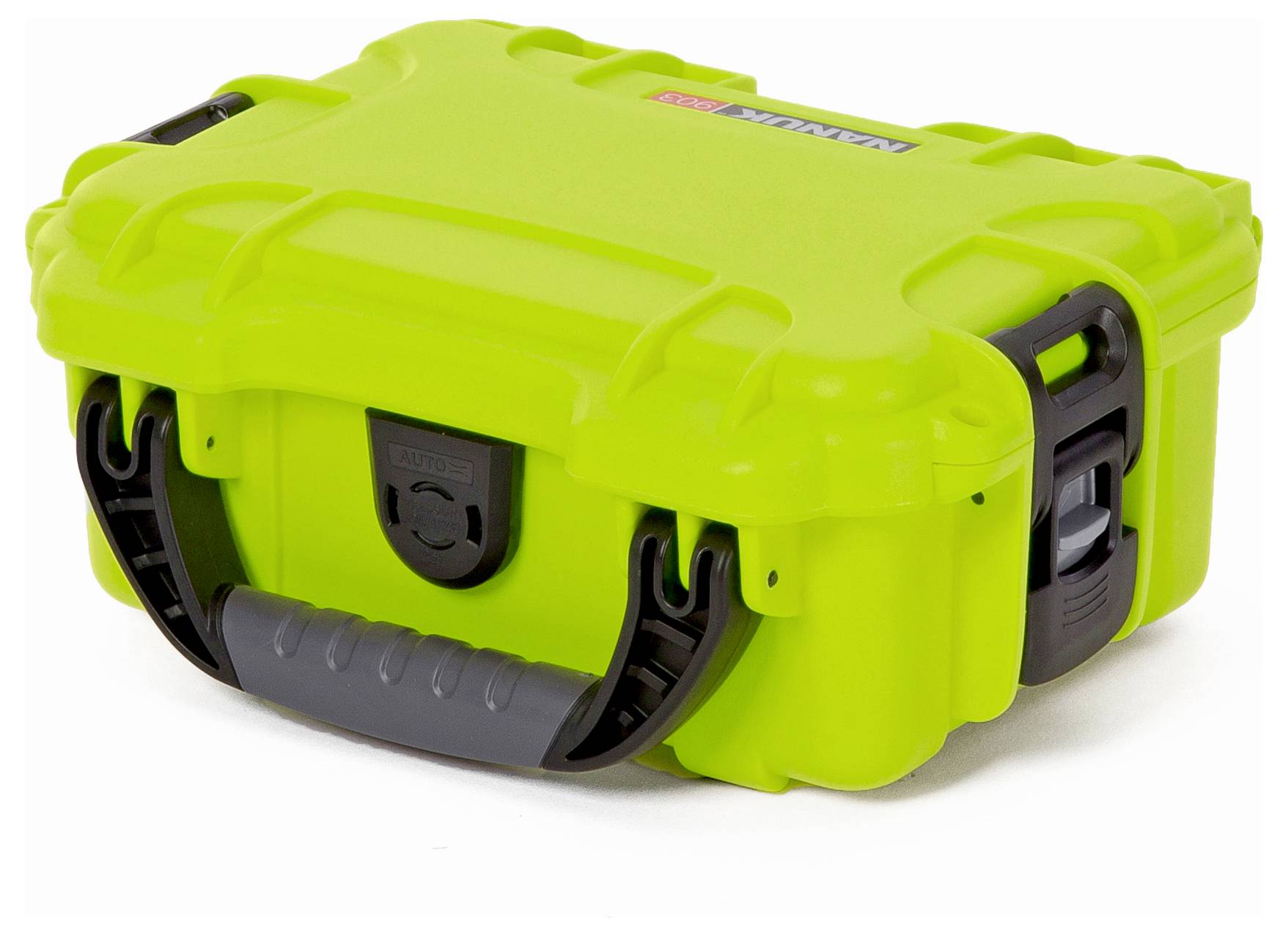 A small, robust, bright green protective case with a grey carry handle and fastenings, suitable for delicate equipment or tools.