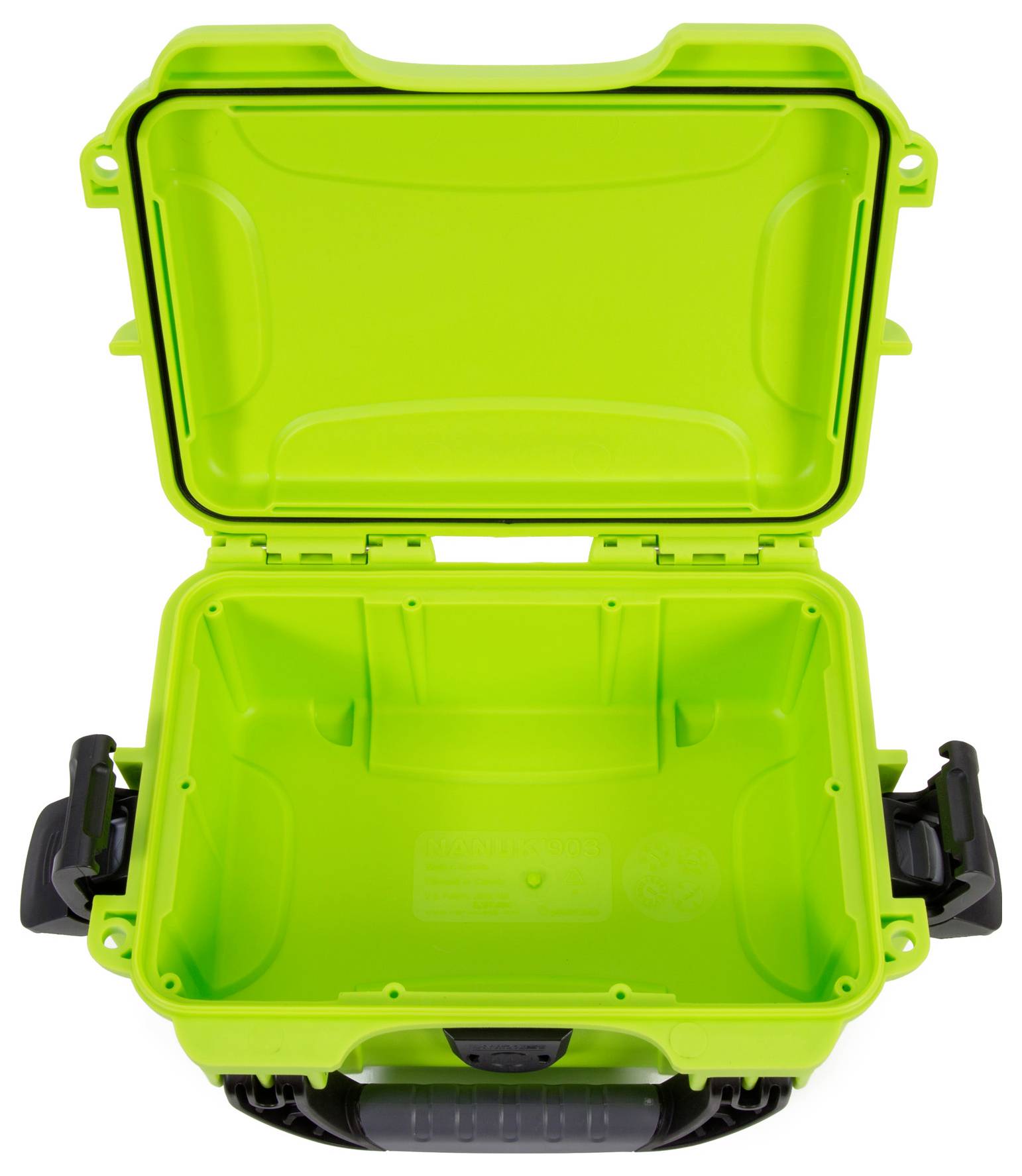 An open, bright green suitcase with robust side panels and a black handle. The interior is empty and offers plenty of space.