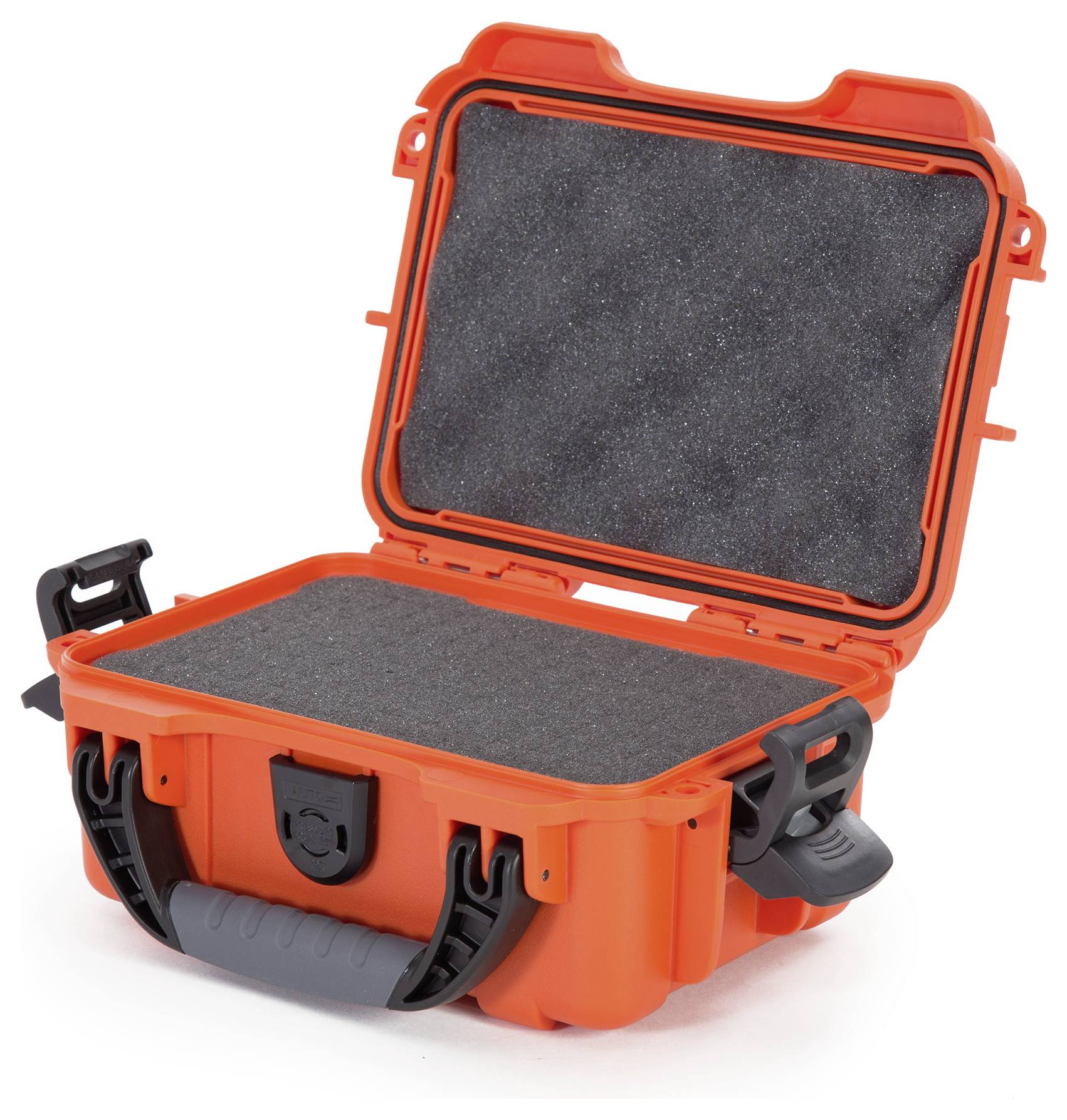 A empty, open red protective case. The interior is lined with black foam, suitable for secure storage.