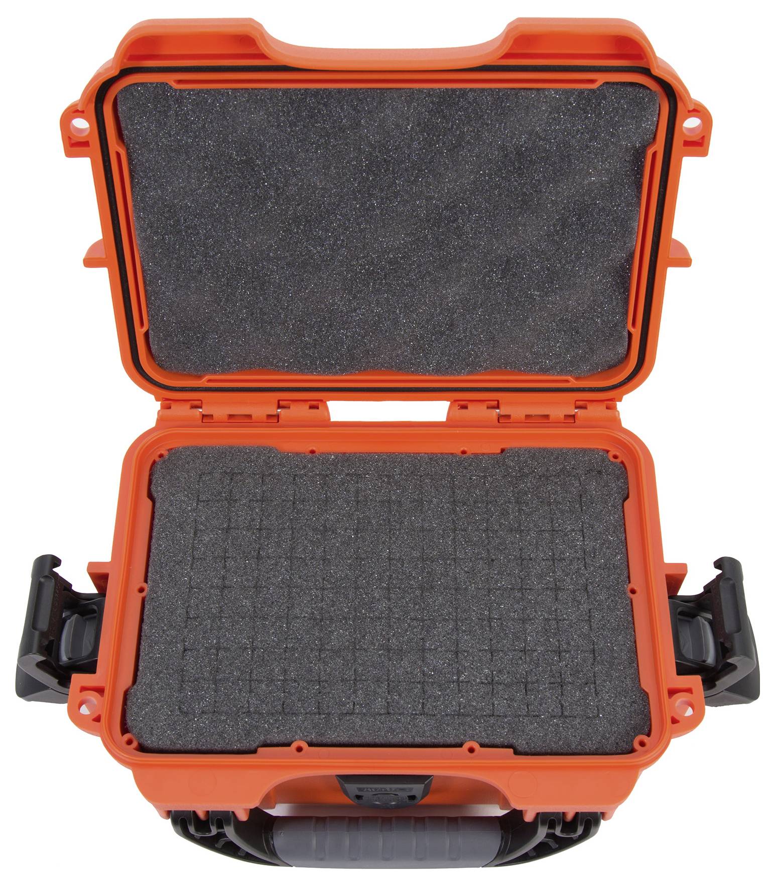 Robust orange hard-shell suitcase with open lid, shown with foam padding inside. Ideal for secure transportation.