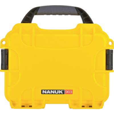 Yellow Nanuk 903 protective case with black handle and latches, provides secure transport and protection for delicate items.