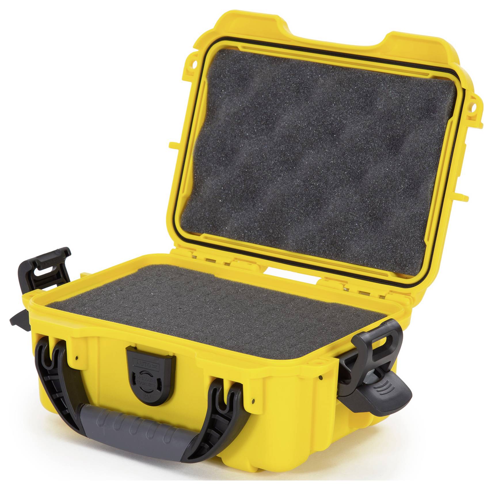 Yellow, open hard-shell case with black foam interior lining and sturdy handle, ideal for securely transporting delicate items.
