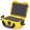 Yellow, open hard-shell case with black foam interior lining and sturdy handle, ideal for securely transporting delicate items.