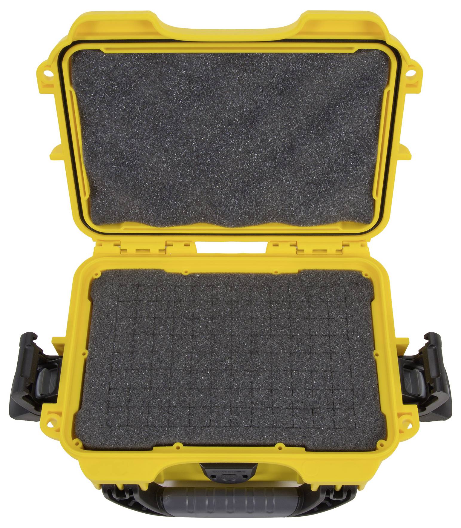 'Open yellow case with protective foam interior, suitable for the safe transportation of delicate equipment.'