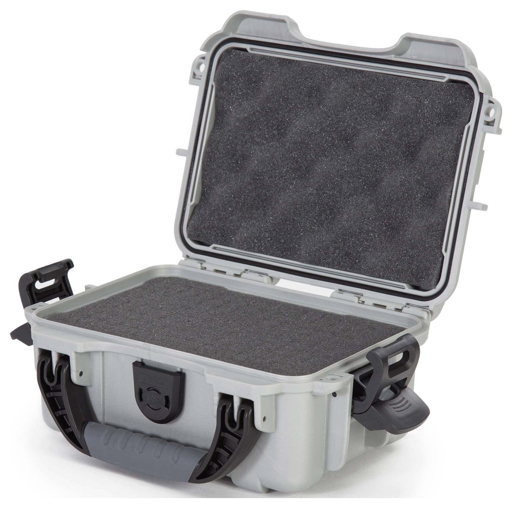 A grey, open transport case with black foam interior, ready for the secure storage of delicate items.