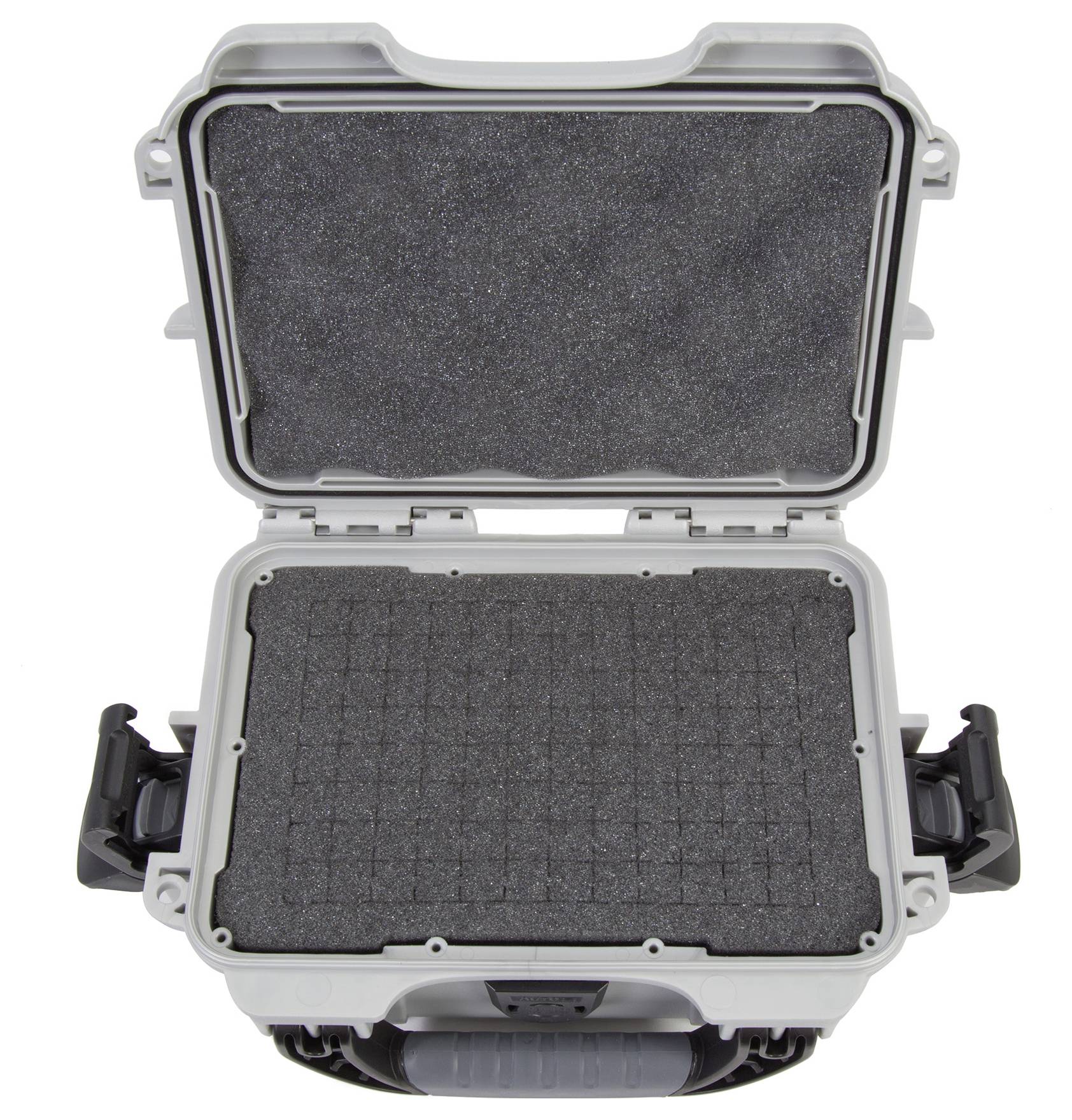 An empty, open suitcase with foam padding inside; suitable for the safe transportation of equipment or delicate items.