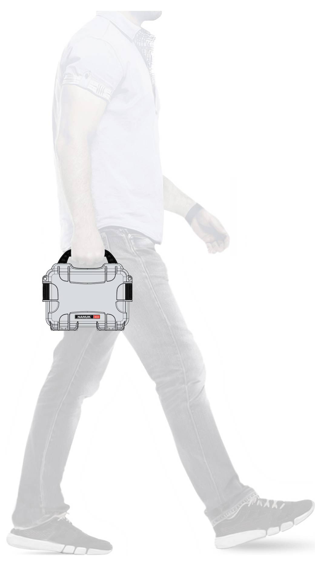 A person is carrying a small, grey toolbox in their right hand while walking forward. The toolbox has a red and blue stripe.