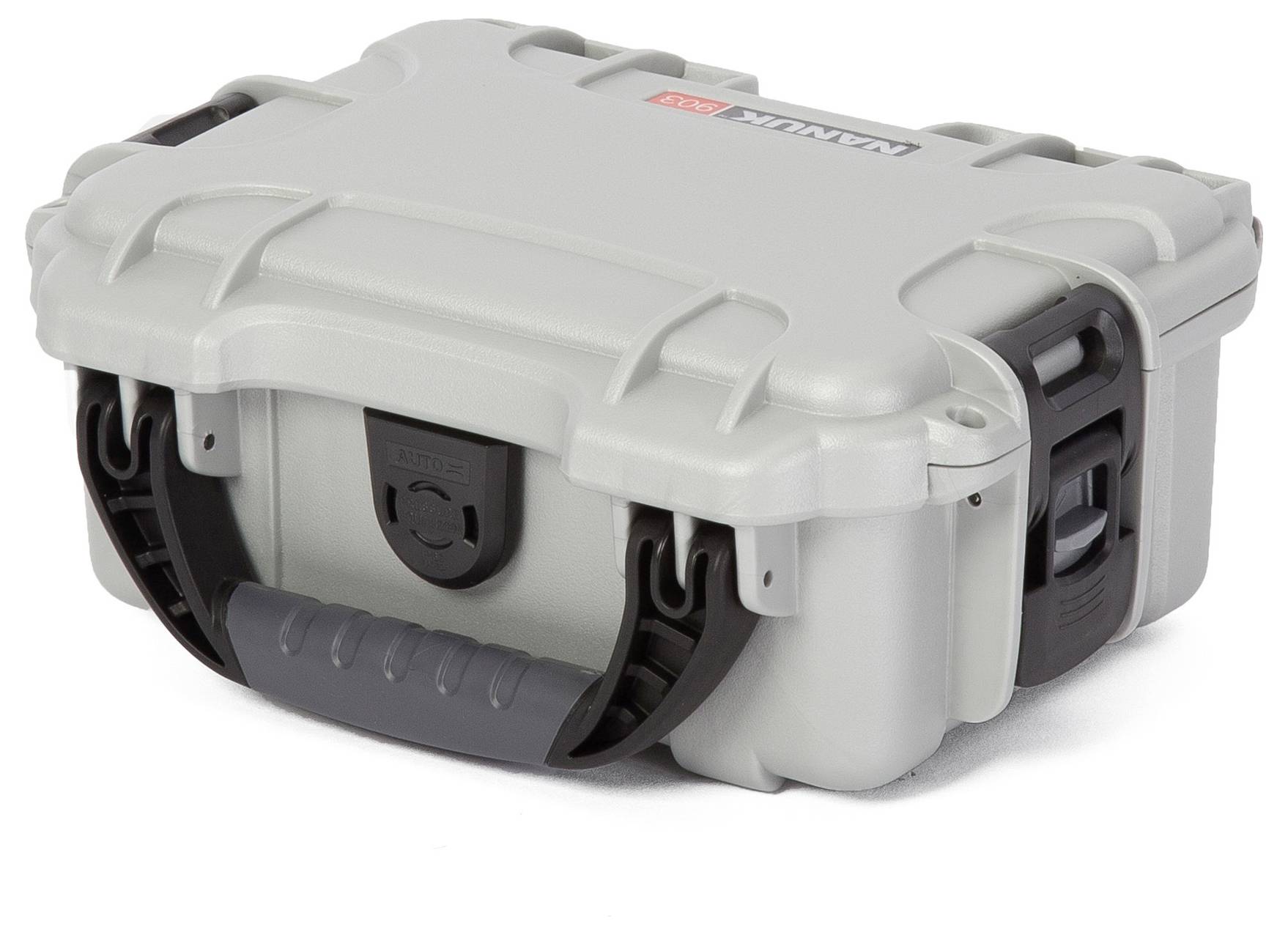 Grey, sturdy suitcase with black handle and locks. Brand logo on the lid. Used for secure transportation.