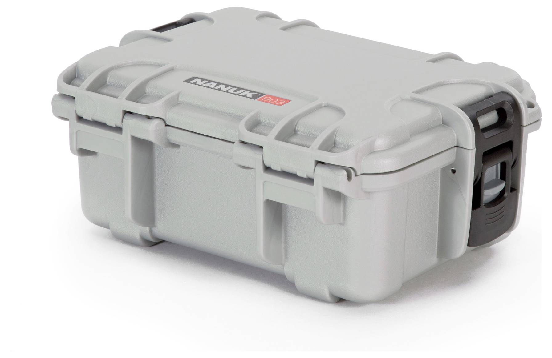Grey, robust protective case with locks and handle. The label on the case shows the brand 'Nanuk 903'.