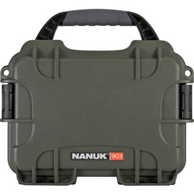 Green transport case with 'NANUK 903' logo, robust design, black handle, suitable for secure protection of delicate equipment.