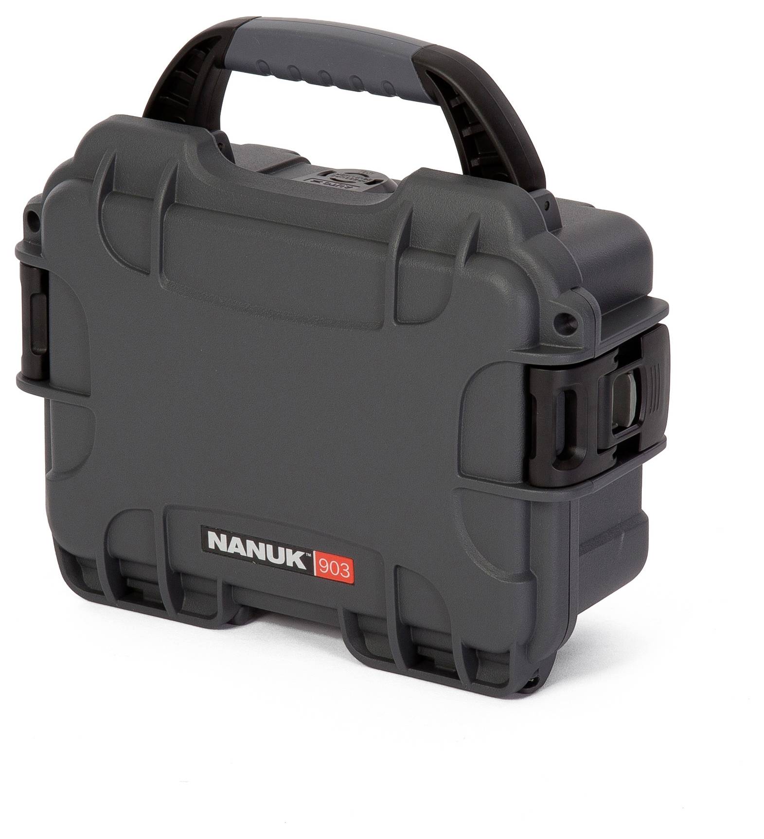 A grey, robust protective case with a handle, with 'NANUK 903' printed on the lower section, standing upright. Suitable for transporting and protecting delicate items.