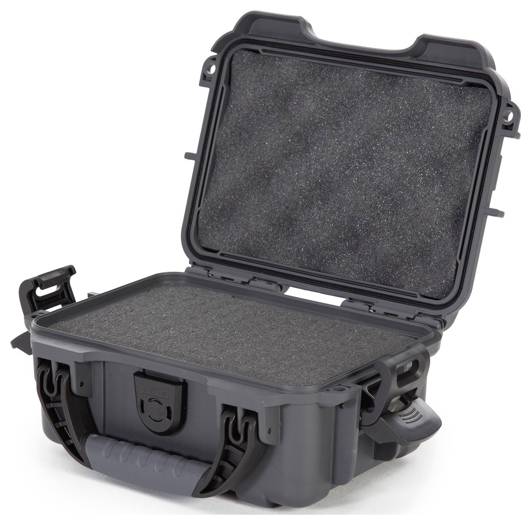 Black hard-shell case with open lid, padded internally with foam. Suitable for safely transporting delicate items.