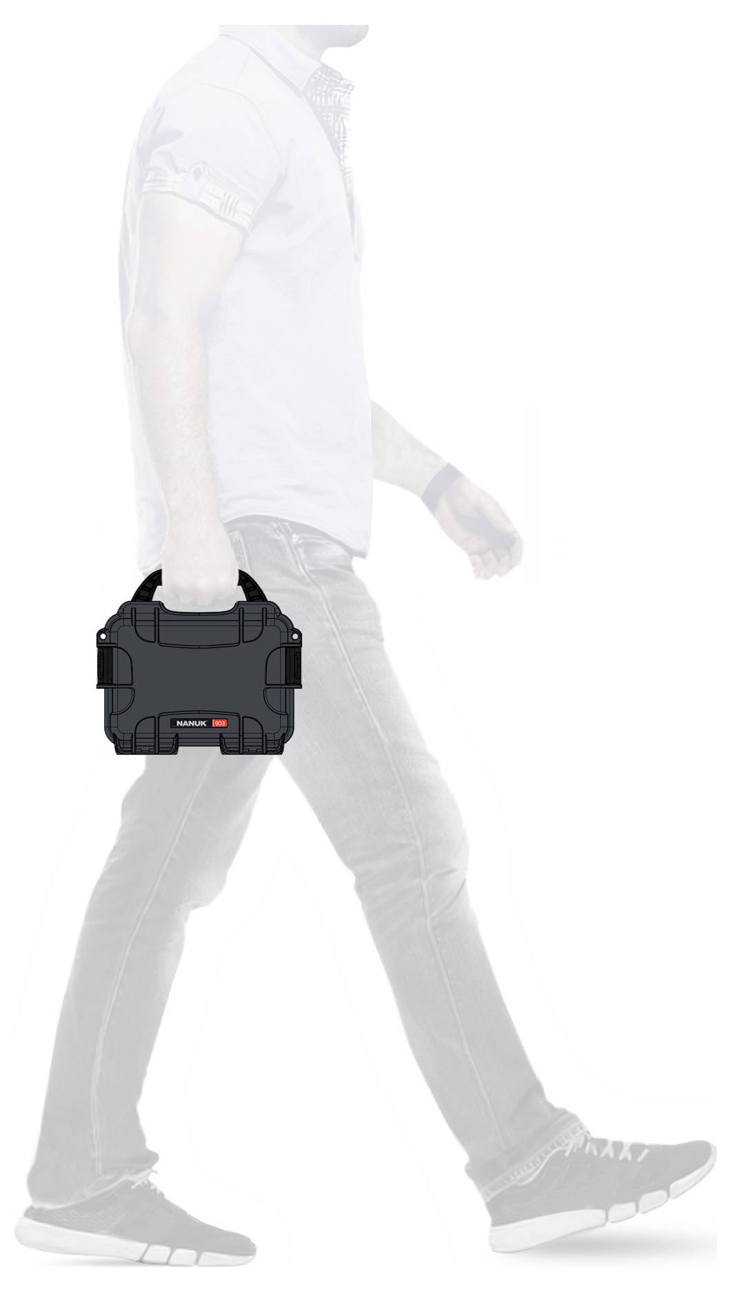 A man walks to the right, holding a black, sturdy-looking briefcase in his right hand. The man is depicted in grey.