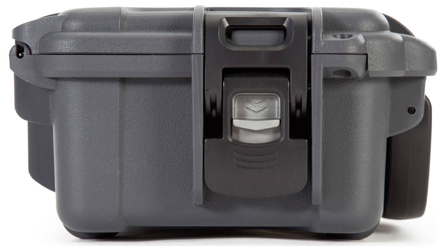A grey, robust suitcase with a fastening at the front. It appears to be designed for the secure transportation of delicate items.